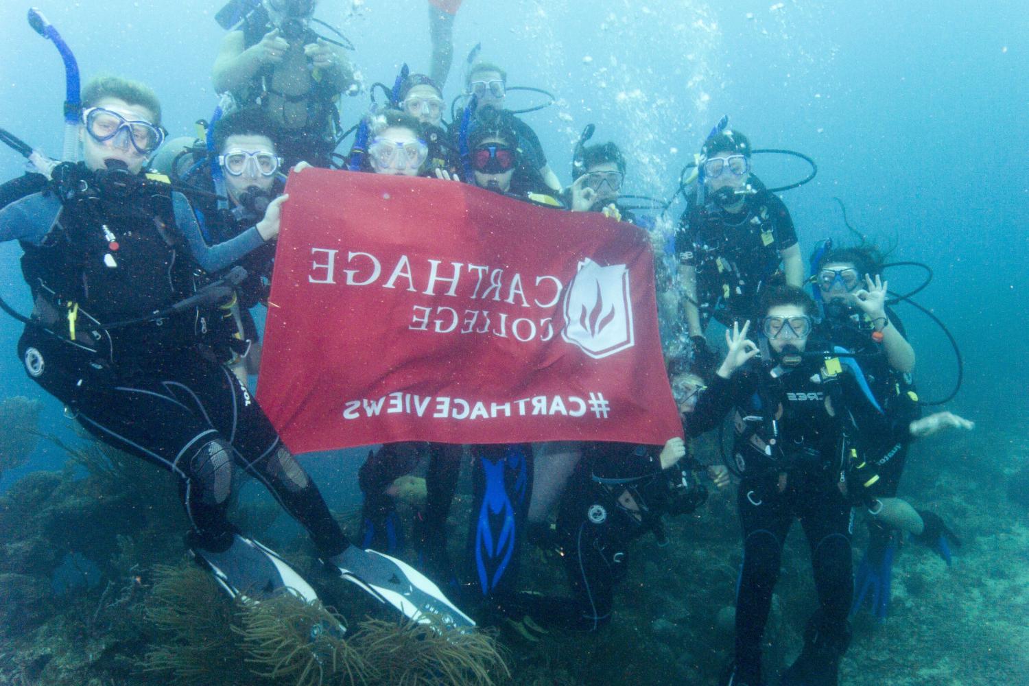 学生们手持<a href='http://l5dd7.regutilities.com'>bv伟德ios下载</a>旗帜，在j学期洪都拉斯游学之旅中潜水.